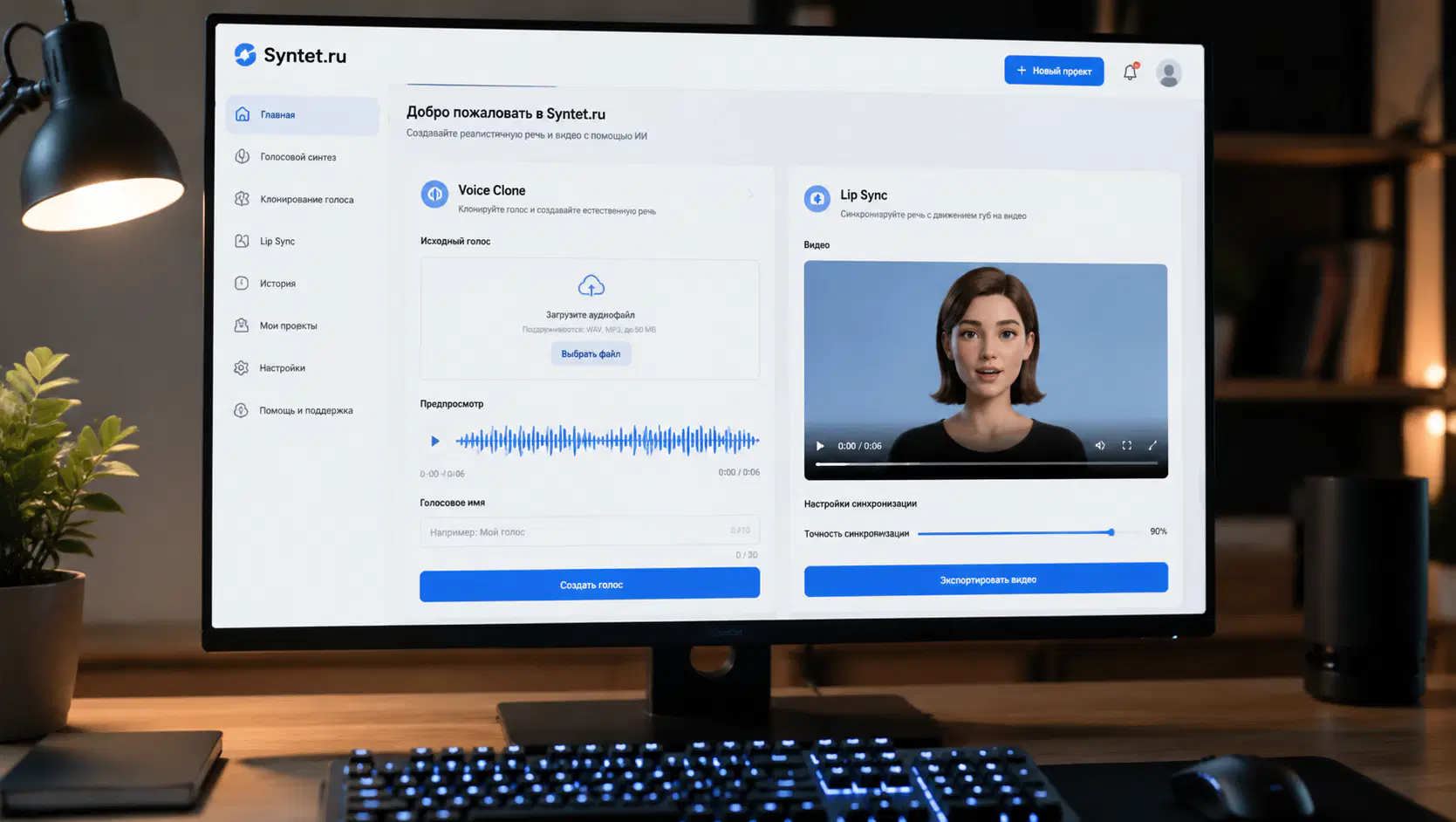 Интерфейс Syntet.ru: Voice Clone и Lip Sync в одном окне