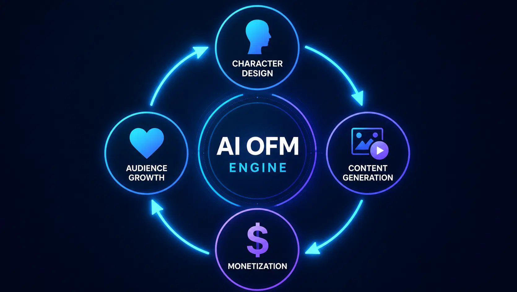 Схема цикла AI OFM: персонаж, контент, монетизация
