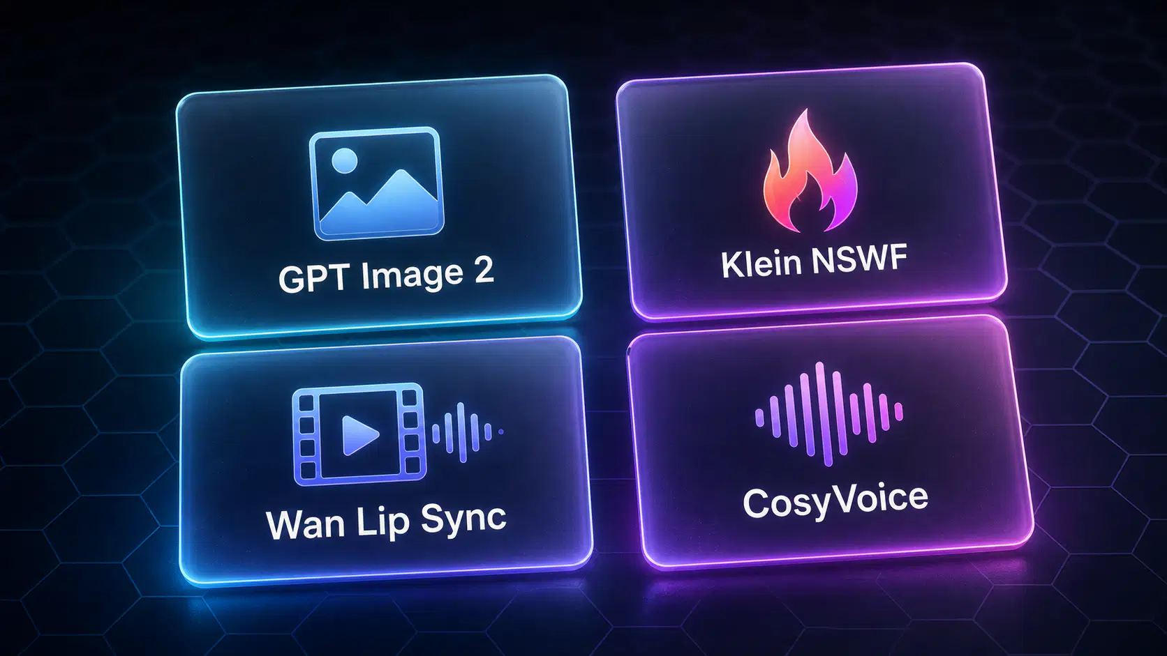 Коллаж инструментов: GPT Image 2, Klein NSWF, Wan Lip Sync, CosyVoice