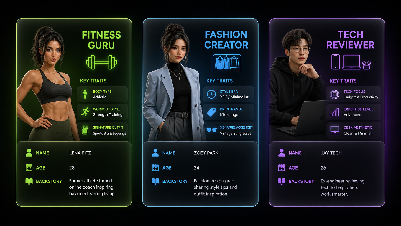 Карточки архетипов ИИ-блогера: Fitness, Fashion, Tech