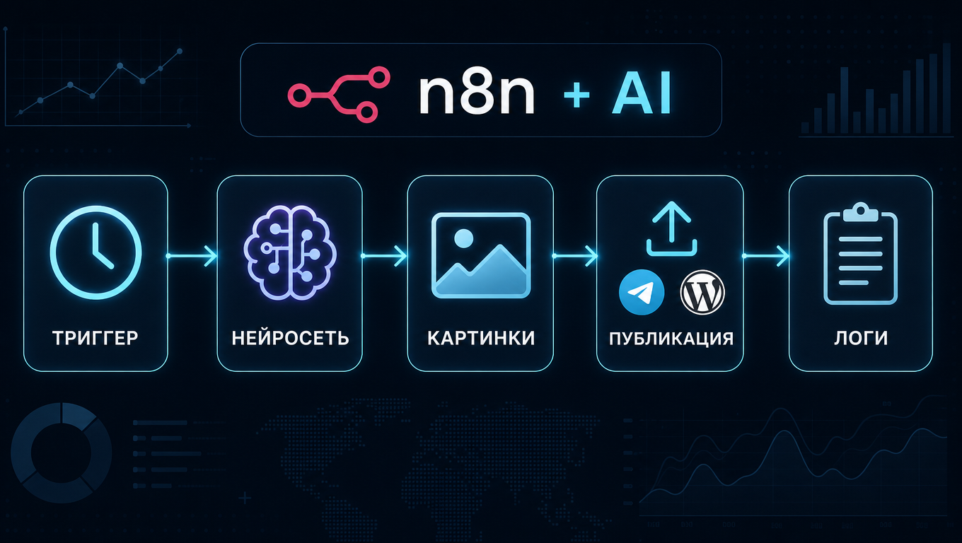 Воркфлоу n8n: триггер, языковая модель, генерация картинок, публикация