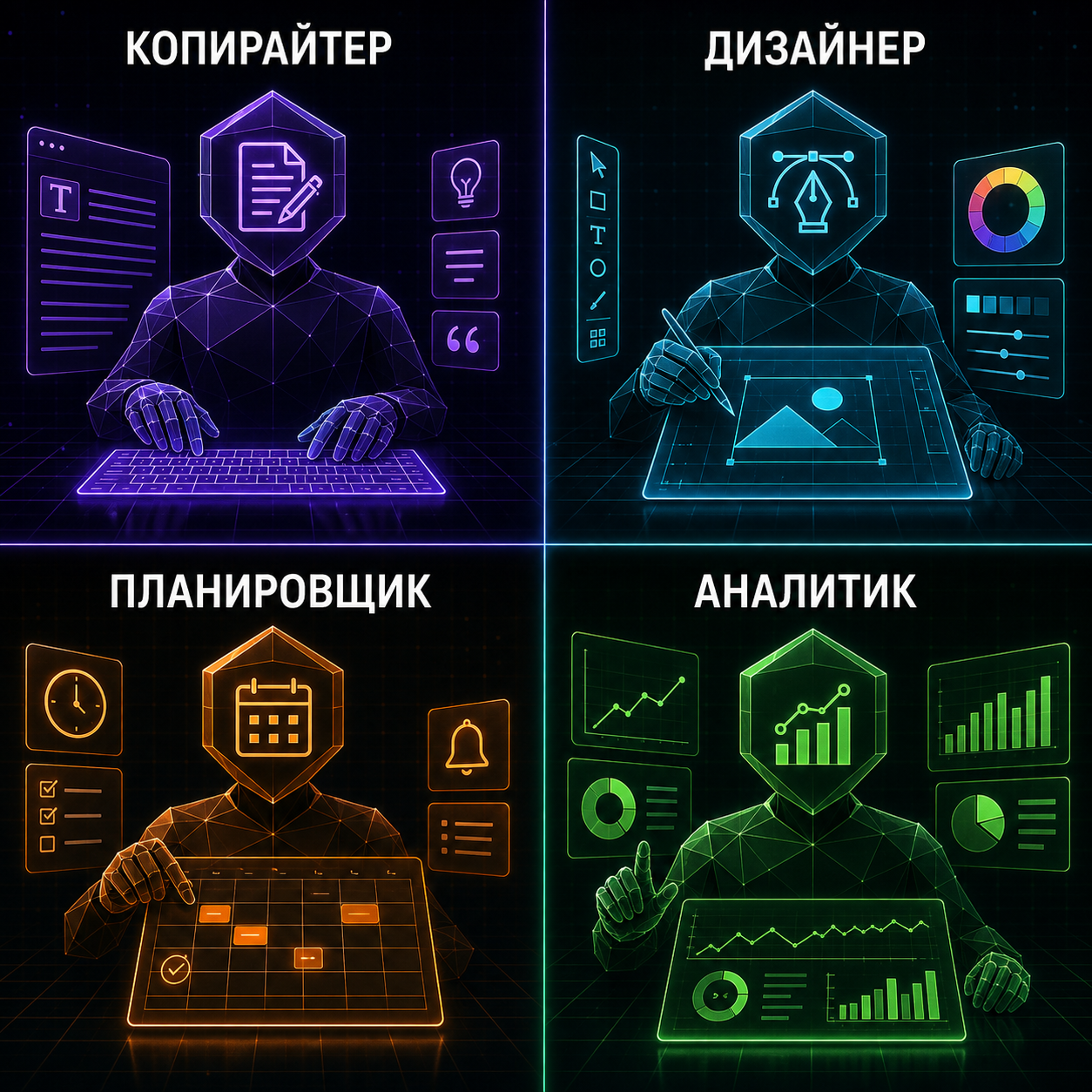 Четыре AI-агента: копирайтер, дизайнер, планировщик и аналитик