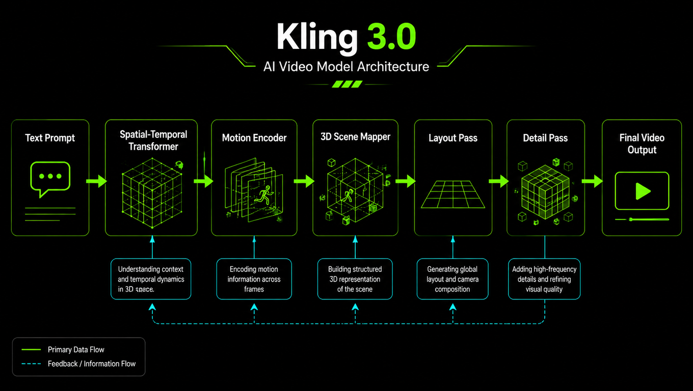 Архитектура Kling 3.0 — схема работы Spatial-Temporal Transformer