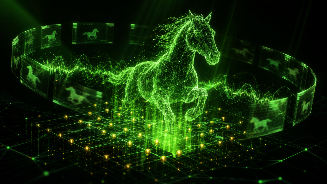 Happyhorse 1.0 — голограмма лошади из нейросетевой решётки трансформера, зелёная проволочная геометрия на тёмном фоне