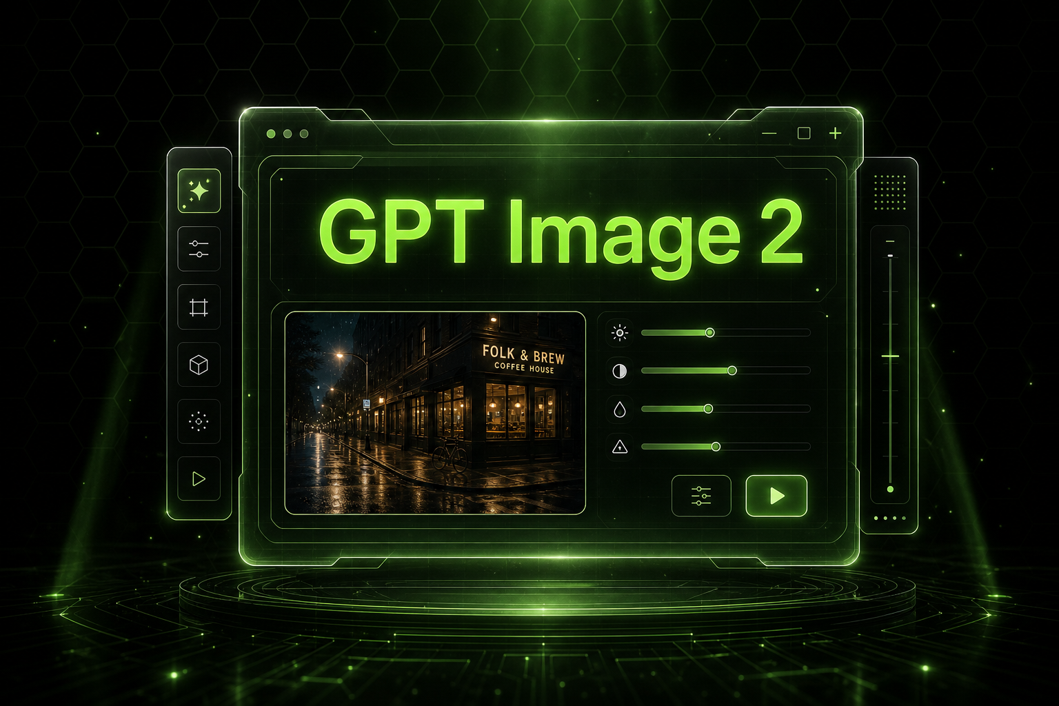Обложка: GPT Image 2 — хolographic AI интерфейс в тёмной теме с кислотно-зелёным акцентом
