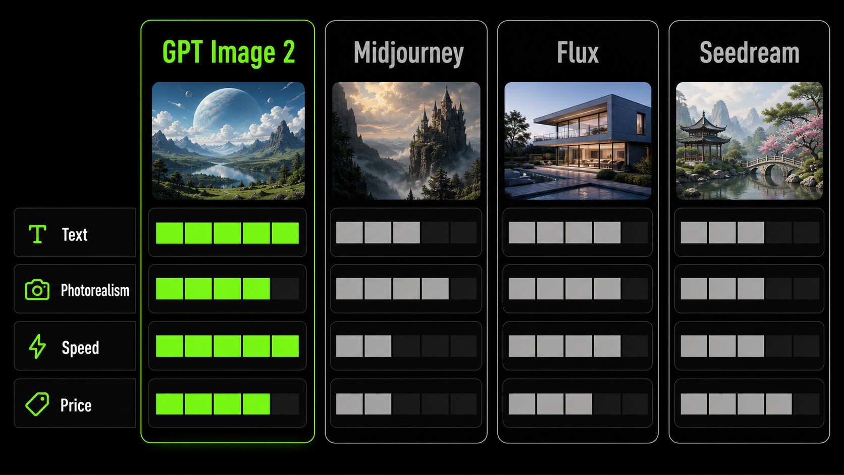 Сравнение GPT Image 2 с Midjourney, Flux и Seedream по ключевым параметрам