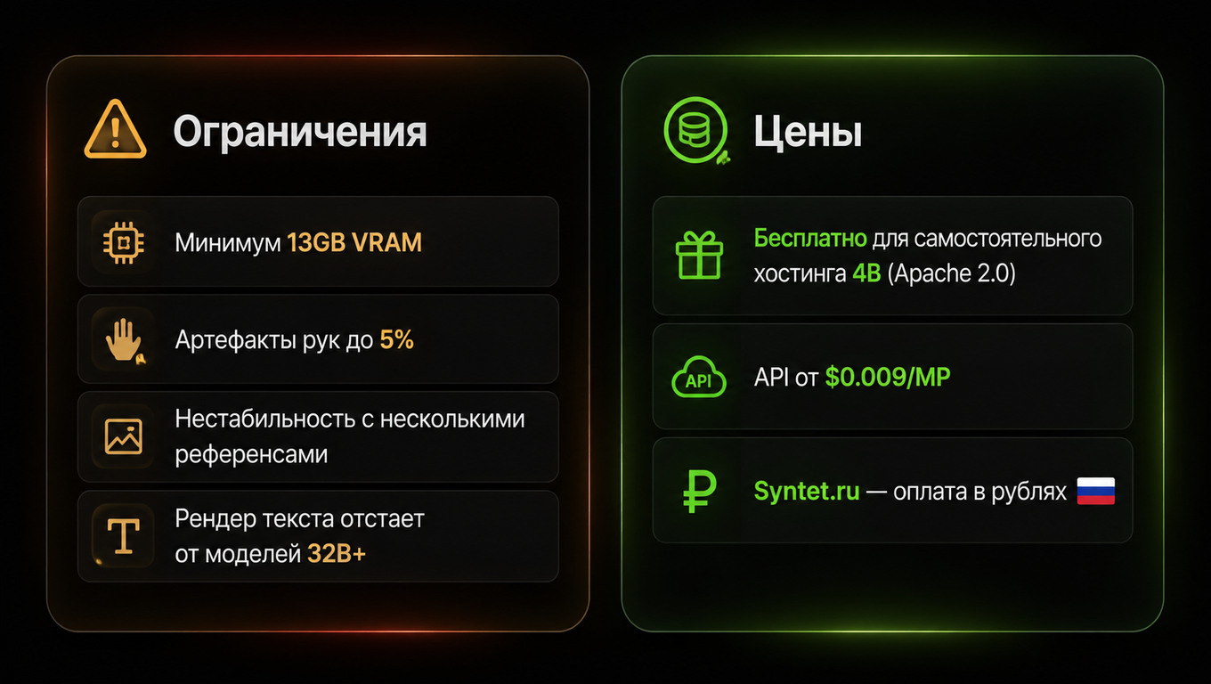 Ограничения и цены Flux Klein: VRAM, артефакты, тарифы