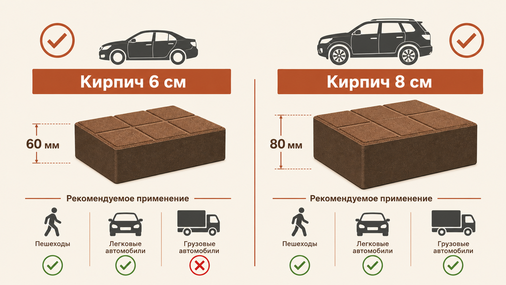 Сравнение тротуарной плитки 60 мм и 80 мм для разных сценариев нагрузки