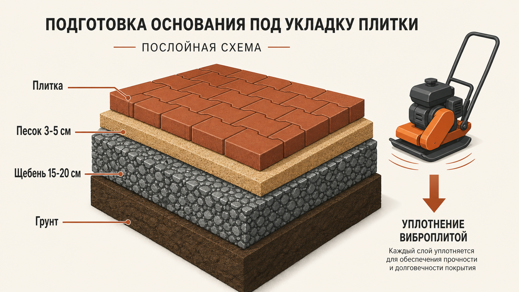 Схема пирога основания: грунт, щебень, песок, плитка
