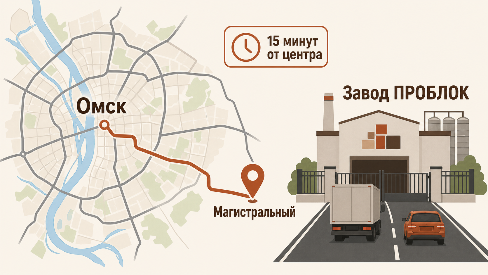 Схема проезда к заводу ПРОБЛОК в посёлке Магистральный, Омск