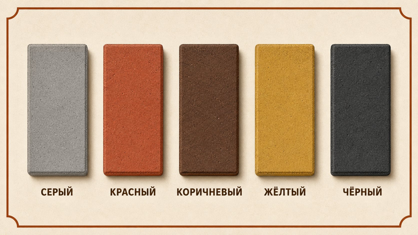 Цвета плитки Кирпич ПРОБЛОК: серый, красный, коричневый, жёлтый, чёрный