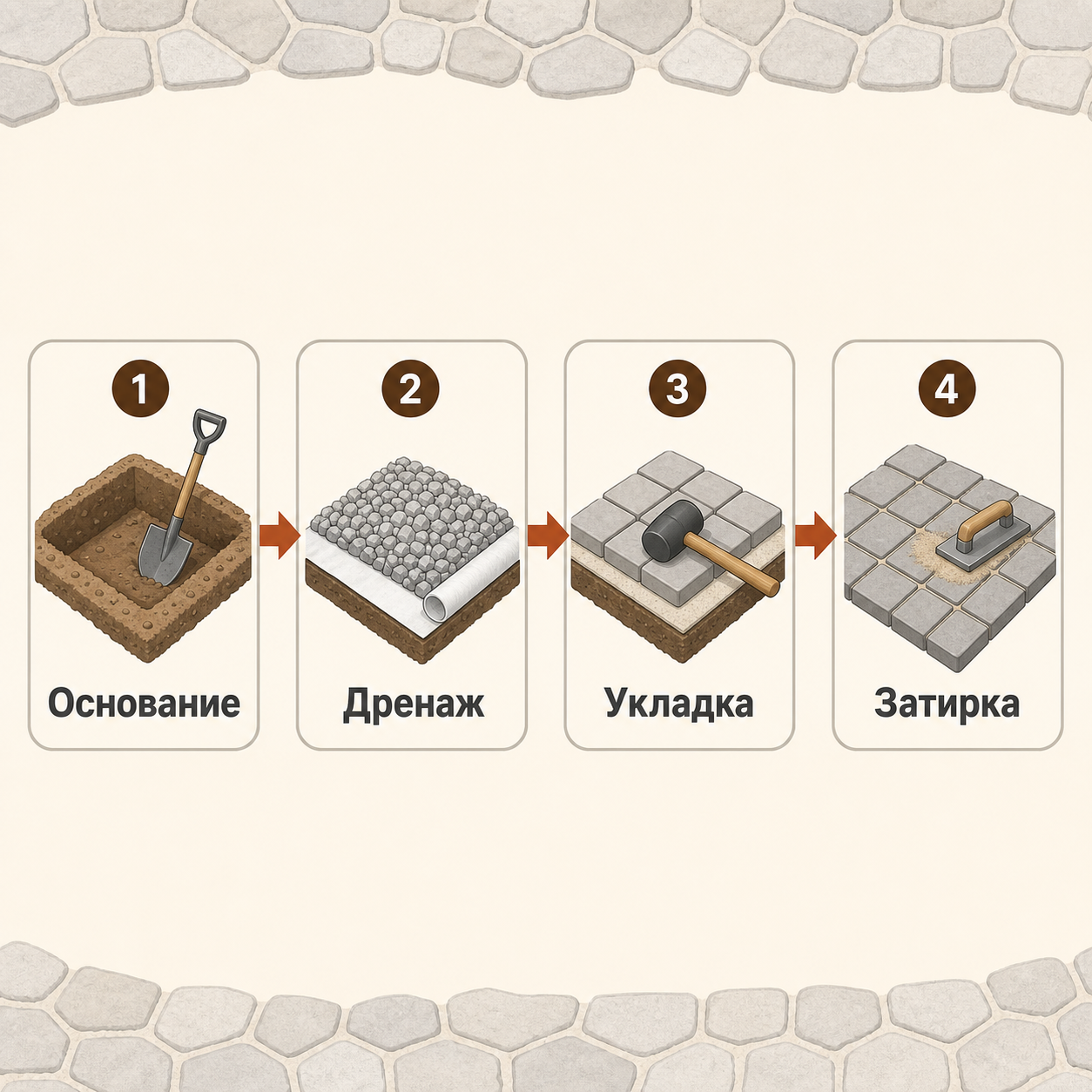 Инфографика: 4 шага укладки тротуарной плитки - основание, дренаж, укладка, затирка