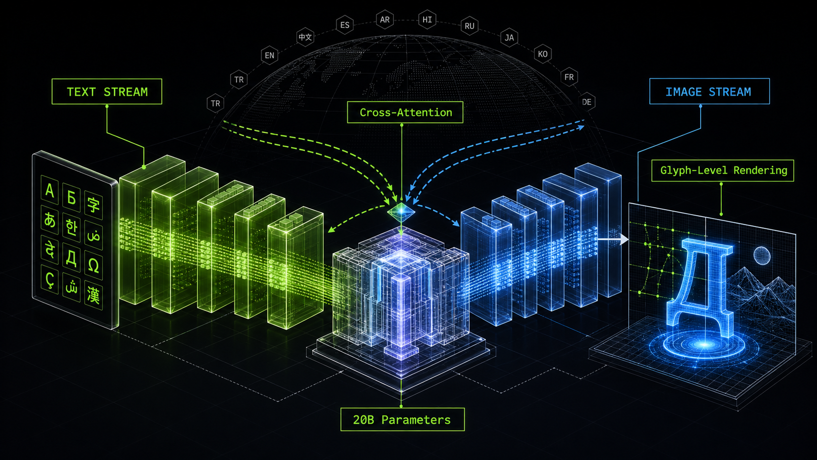 Архитектура MMDiT 20B - dual-stream text + image attention, glyph-level rendering